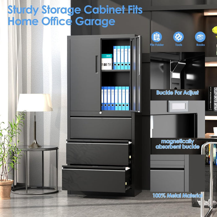 Filex Tall Filing Storage Cabinet 2 Doors + 3 Drawers Black