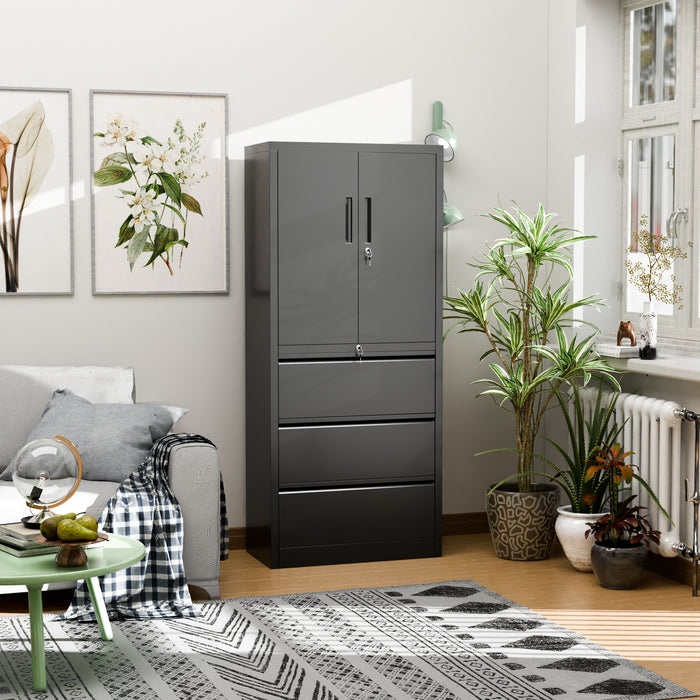 Filex Tall Filing Storage Cabinet 2 Doors + 3 Drawers Black