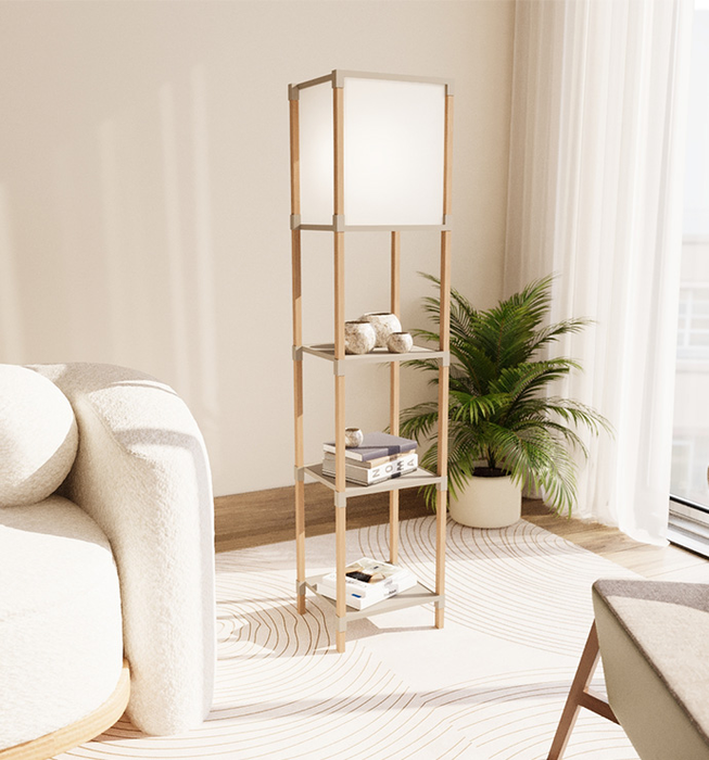 Lumi Wooden Floor Lamp with 3 Layer Shelf